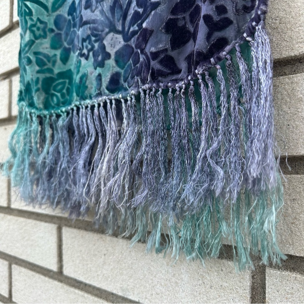 Velvet Burnout Teal Purple Whimsigoth Rectangle Scarf Fringe Fairycore - Picture 5 of 6